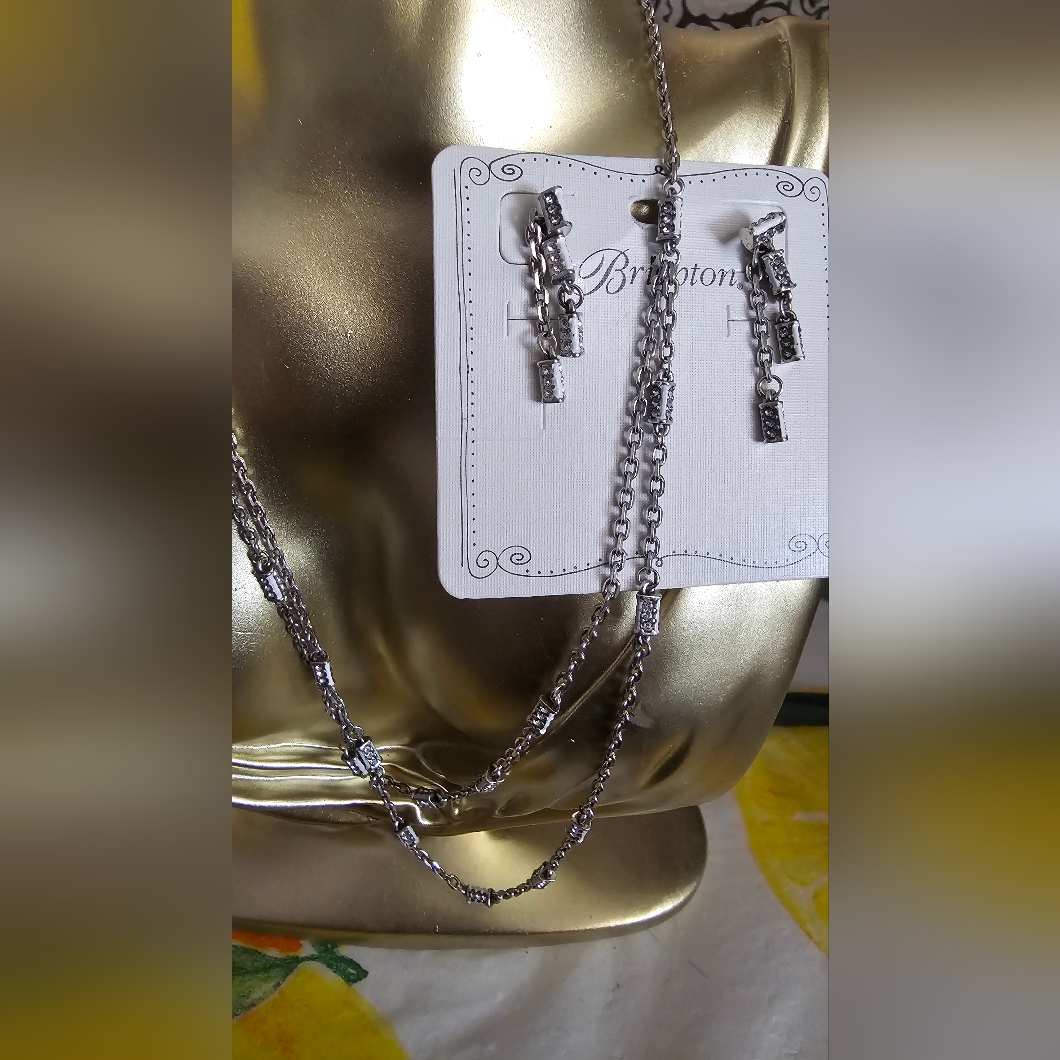 Brighton Meridian Duet Silver Necklace And Earring Set With Chain Details